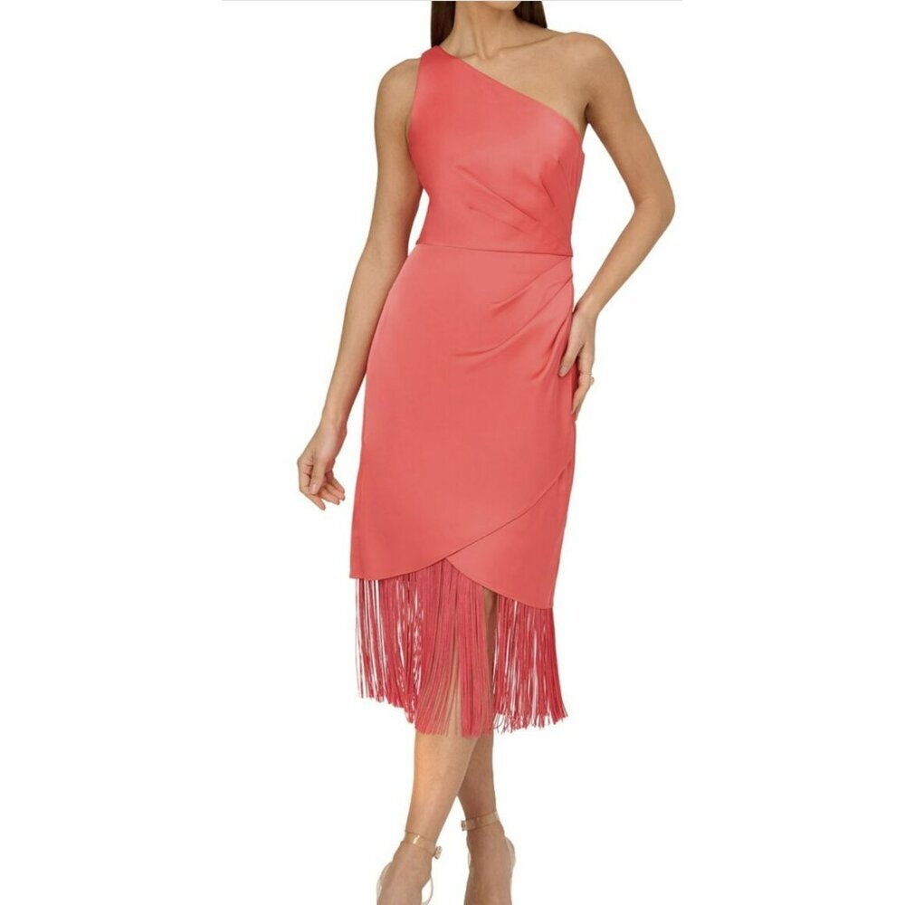 New Adrianna Papell Fringe One Shoulder Coral Midi Dress Size 8